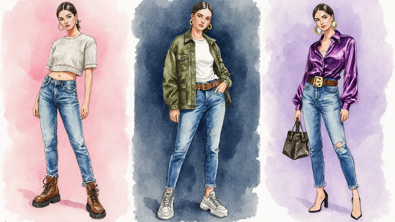 Three fashion sketches showing skinny‑jean outfits with boots, sneakers and silk blouse.