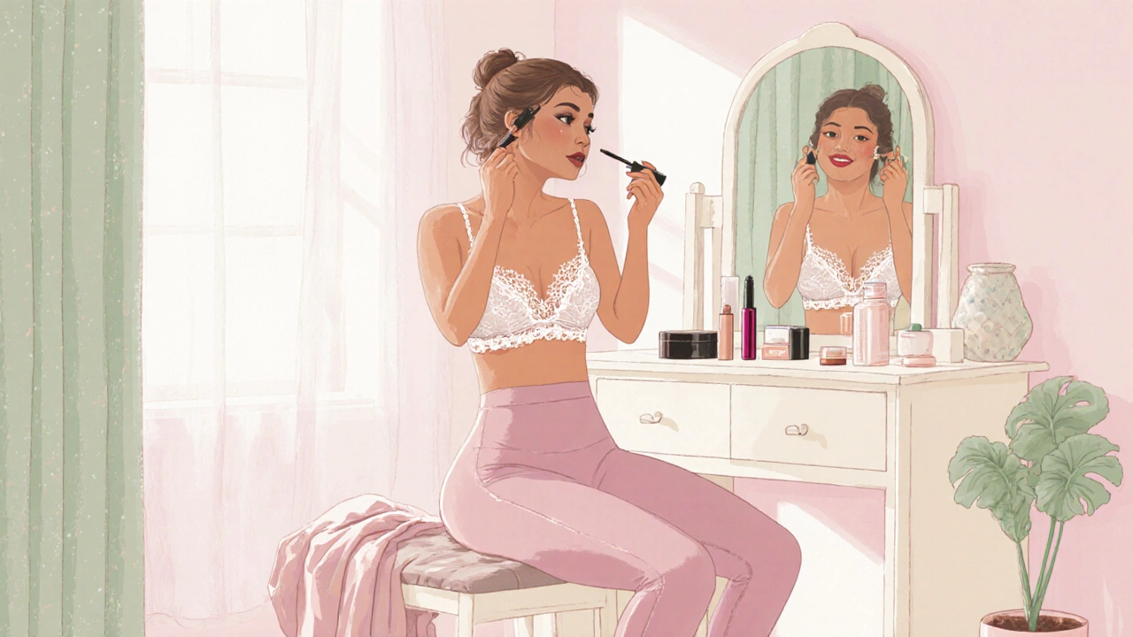 Woman at a vanity wearing lace bralette and leggings, applying makeup steps.